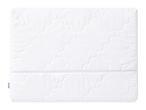 White quilted mattress protector with a zipper and a small brand tag.