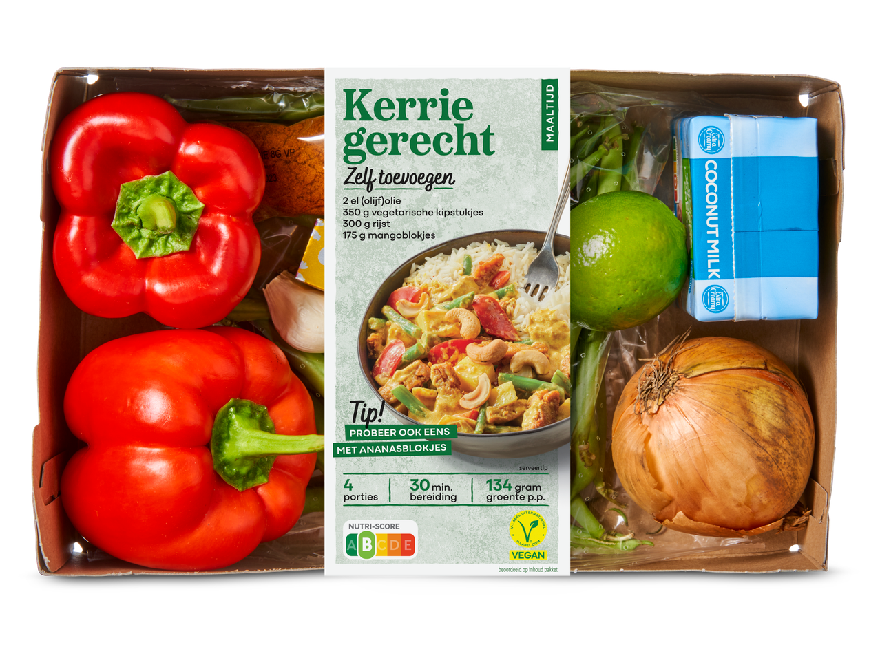 Een veganistische curry maaltijdkit met kokosmelk en groenten.