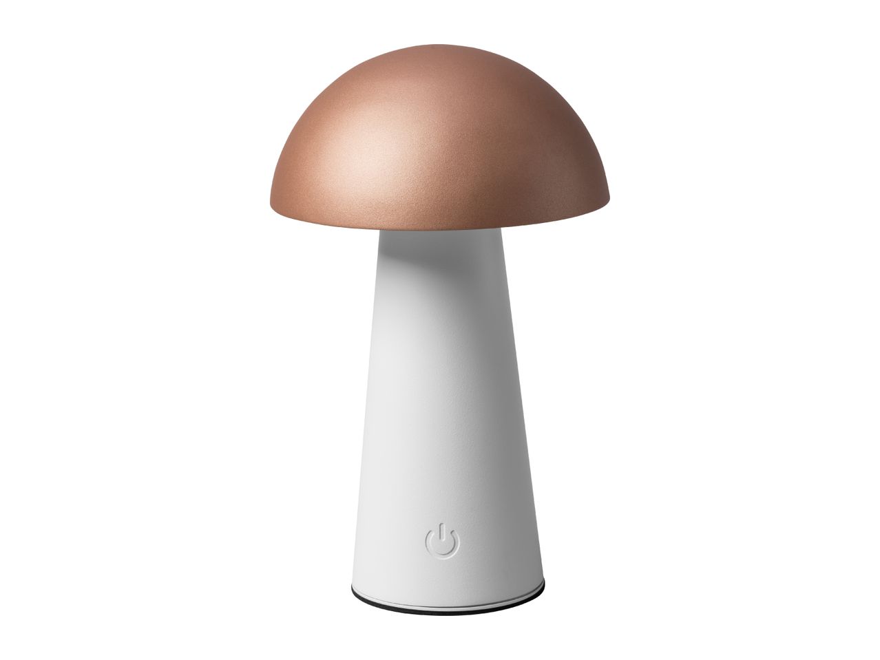 Mushroom-shaped table lamp with a copper-colored top and a white base with a power button.
