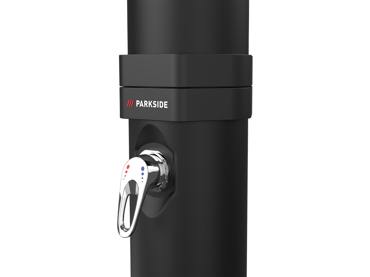 Fekete kerti zuhany króm csappal, piros és kék jelölésekkel.