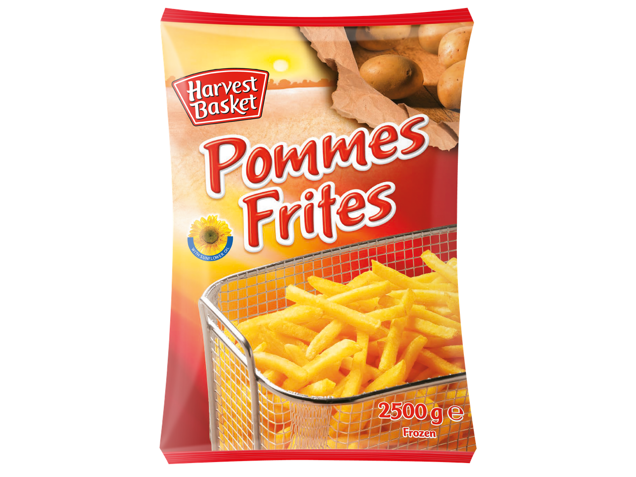 Пакет замразени пържени картофи с тегло 2500 грама, слънчоглед и сурови картофи на заден план.