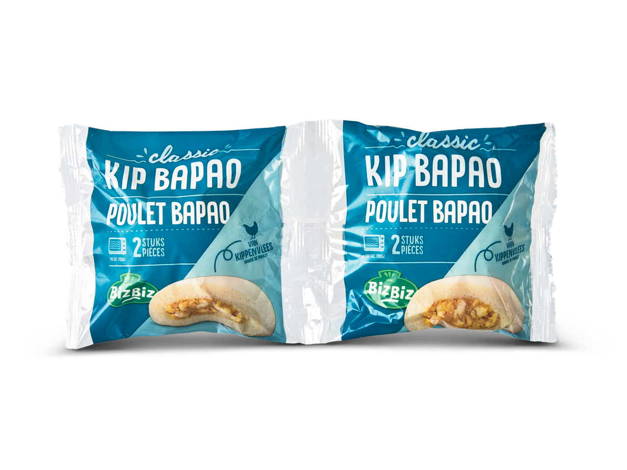 Twee BizBiz Kip Bapao broodjes, klassieke smaak.