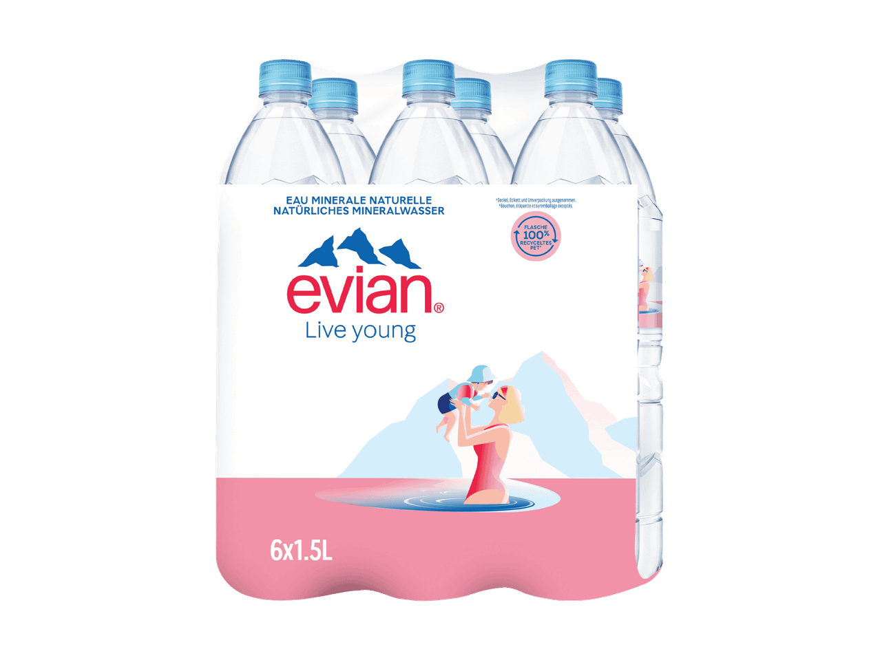Packung mit 6 Evian 1,5L Flaschen natürliches Mineralwasser, mit Mutter-Kind-Illustration.