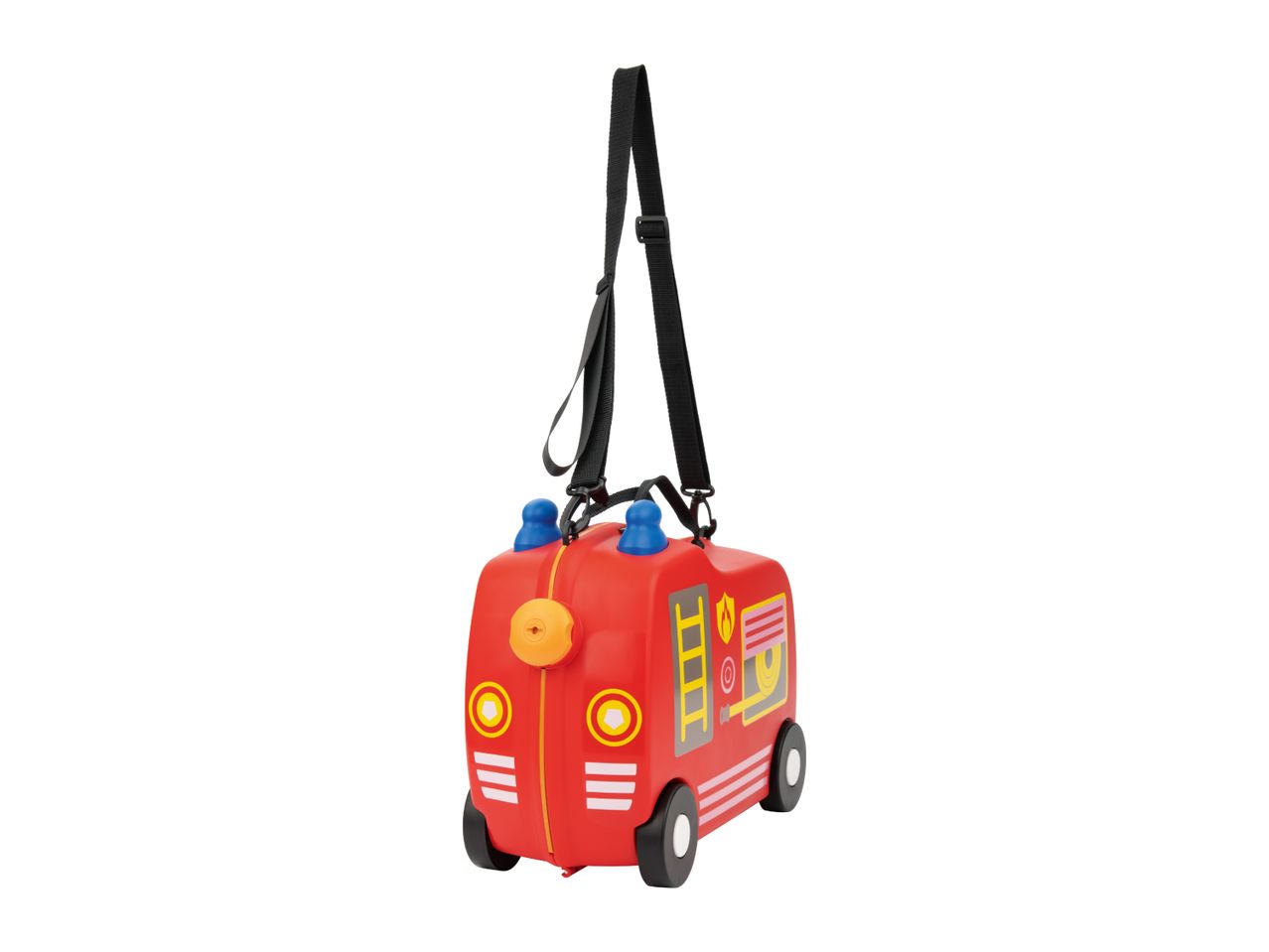 Red fire truck-shaped children's suitcase with a black shoulder strap.