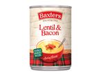 A can of lentil and bacon soup, featuring a bowl of soup with bacon bits and a tartan cloth.