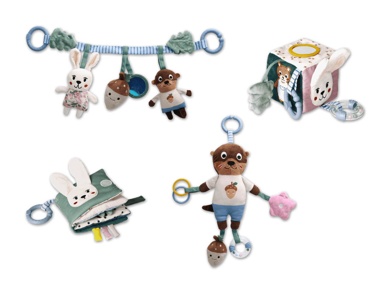 Süße Stofftiere und Spielzeug-Sets im Baby-Design.