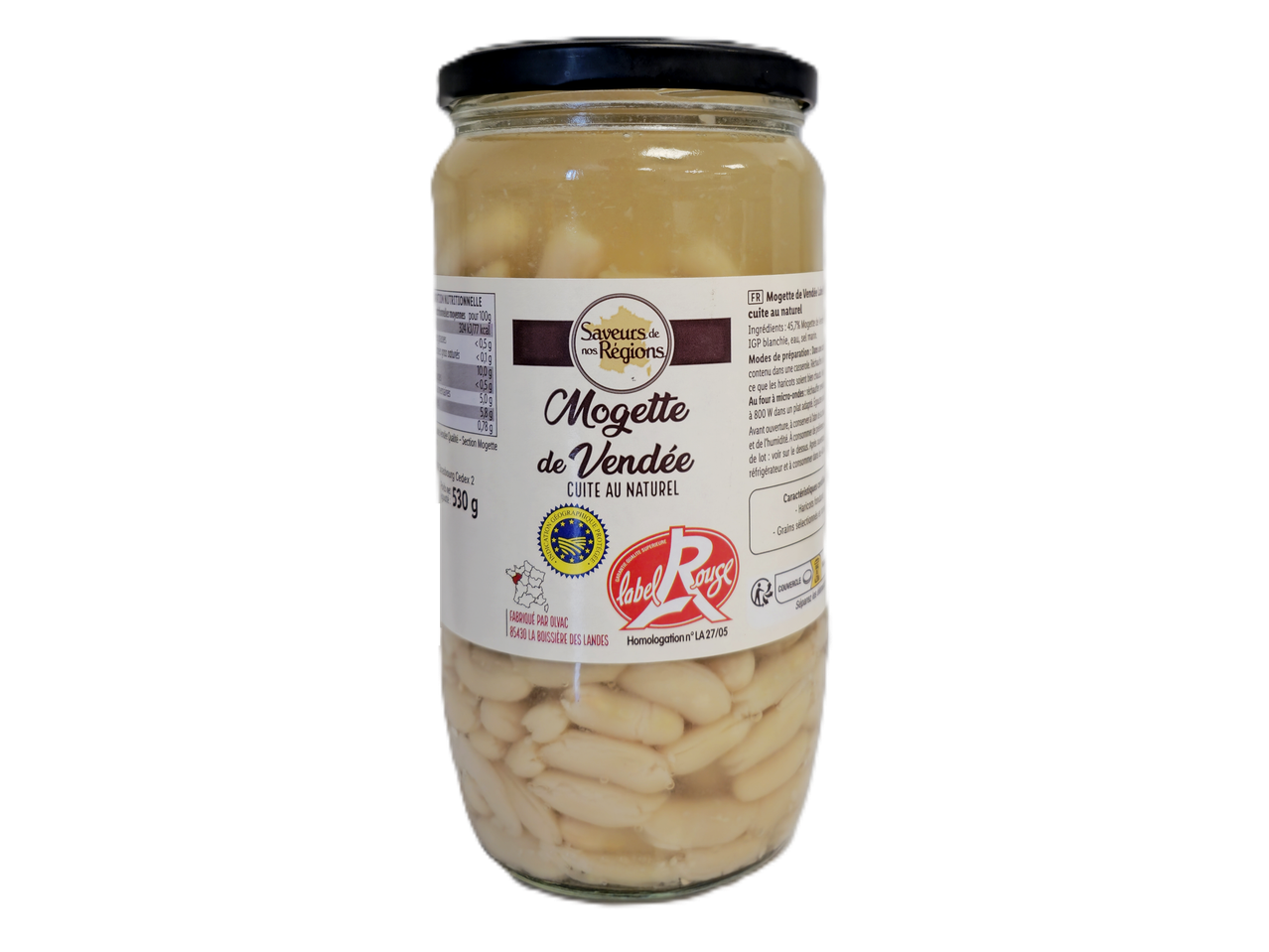Bocal de mogettes de Vendée cuites au naturel, avec étiquettes nutritionnelles et de qualité.