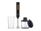 Black immersion blender with wood-look buttons, a measuring cup, and a food chopper attachment.