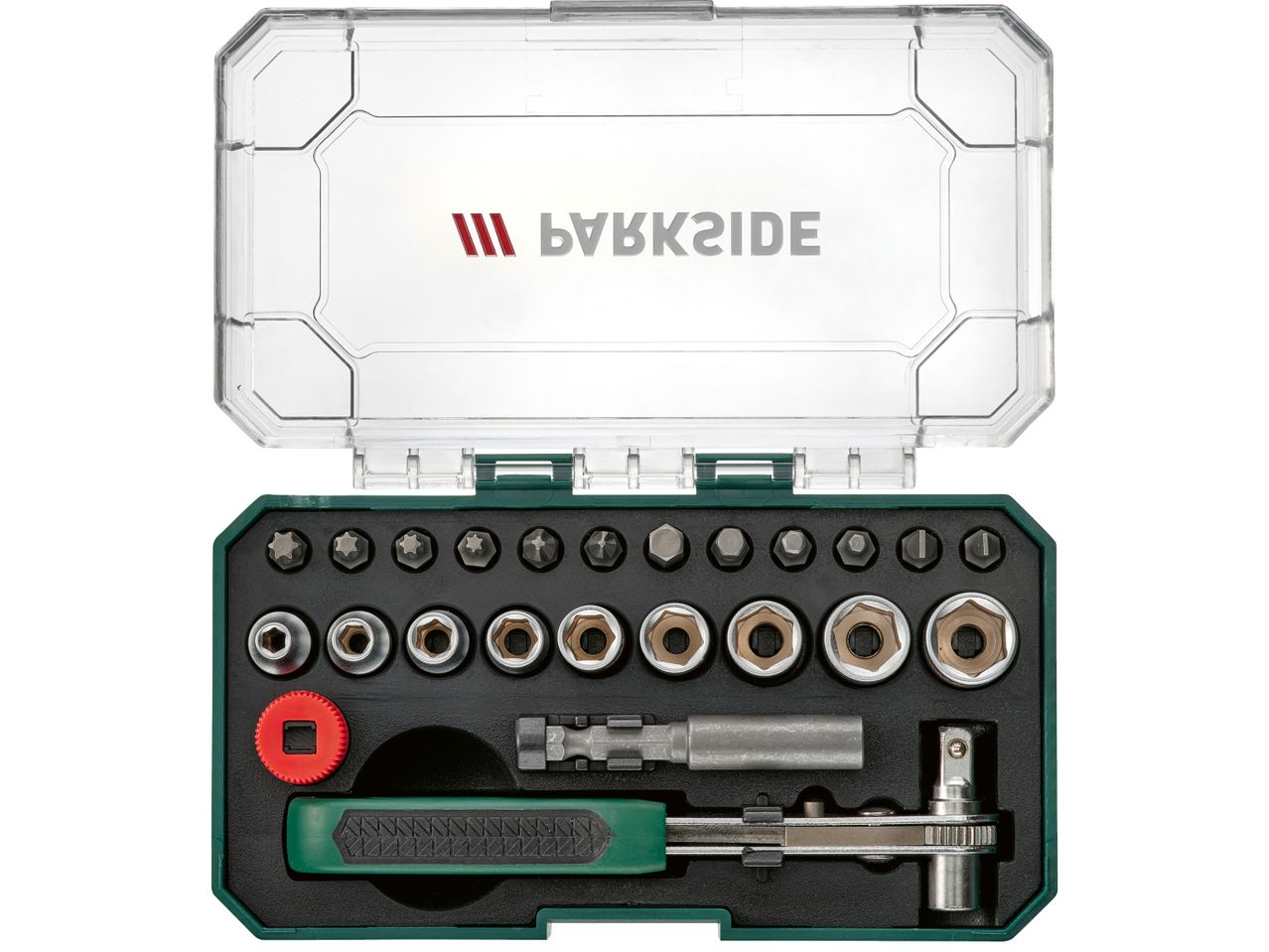 Комплект Parkside с битове и гайковерт в пластмасова кутия.