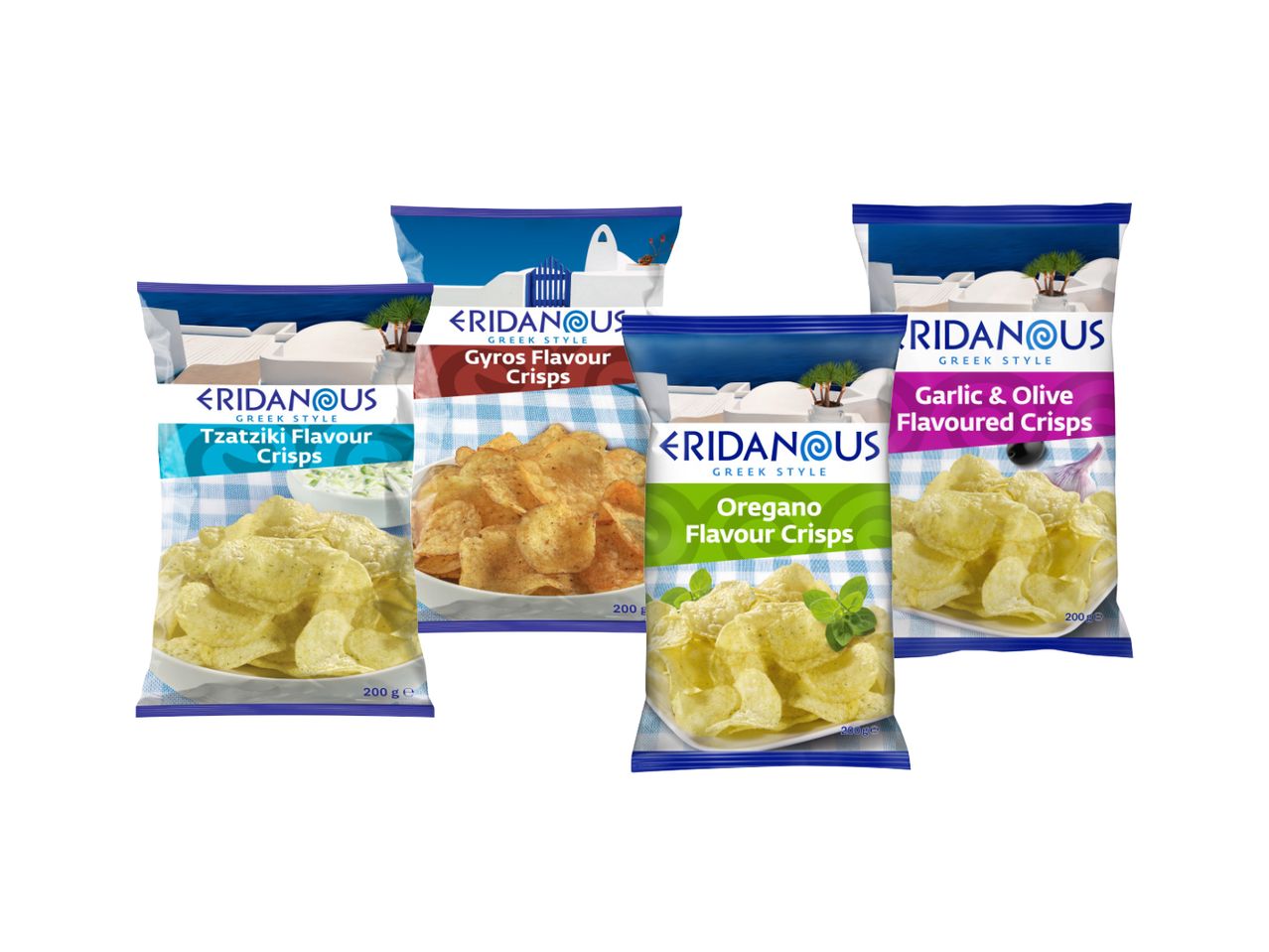 Četiri pakovanja grčkih čipsa Eridanous različitih ukusa.