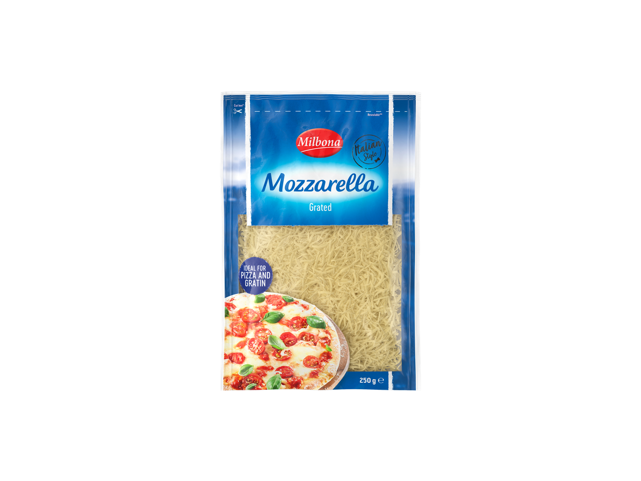 Brânză Mozzarella Milbona rasă, 250g, ideală pentru pizza și gratin.