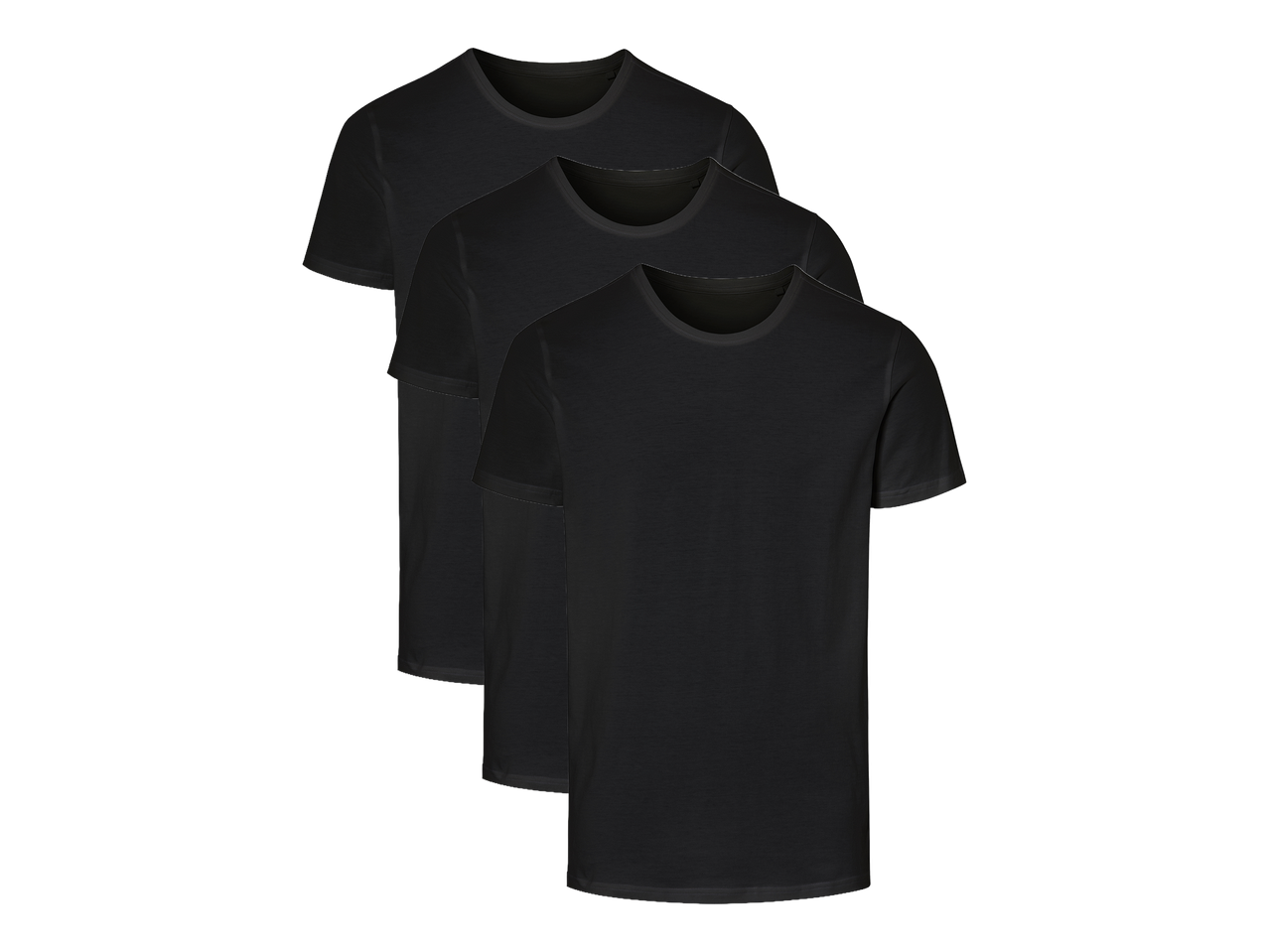 Tri crne muške majice kratkih rukava, složene jedna iza druge.