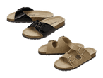 Zwei Paar Sandalen: schwarze Pantoletten und beigefarbene Riemchensandalen mit Schnallen