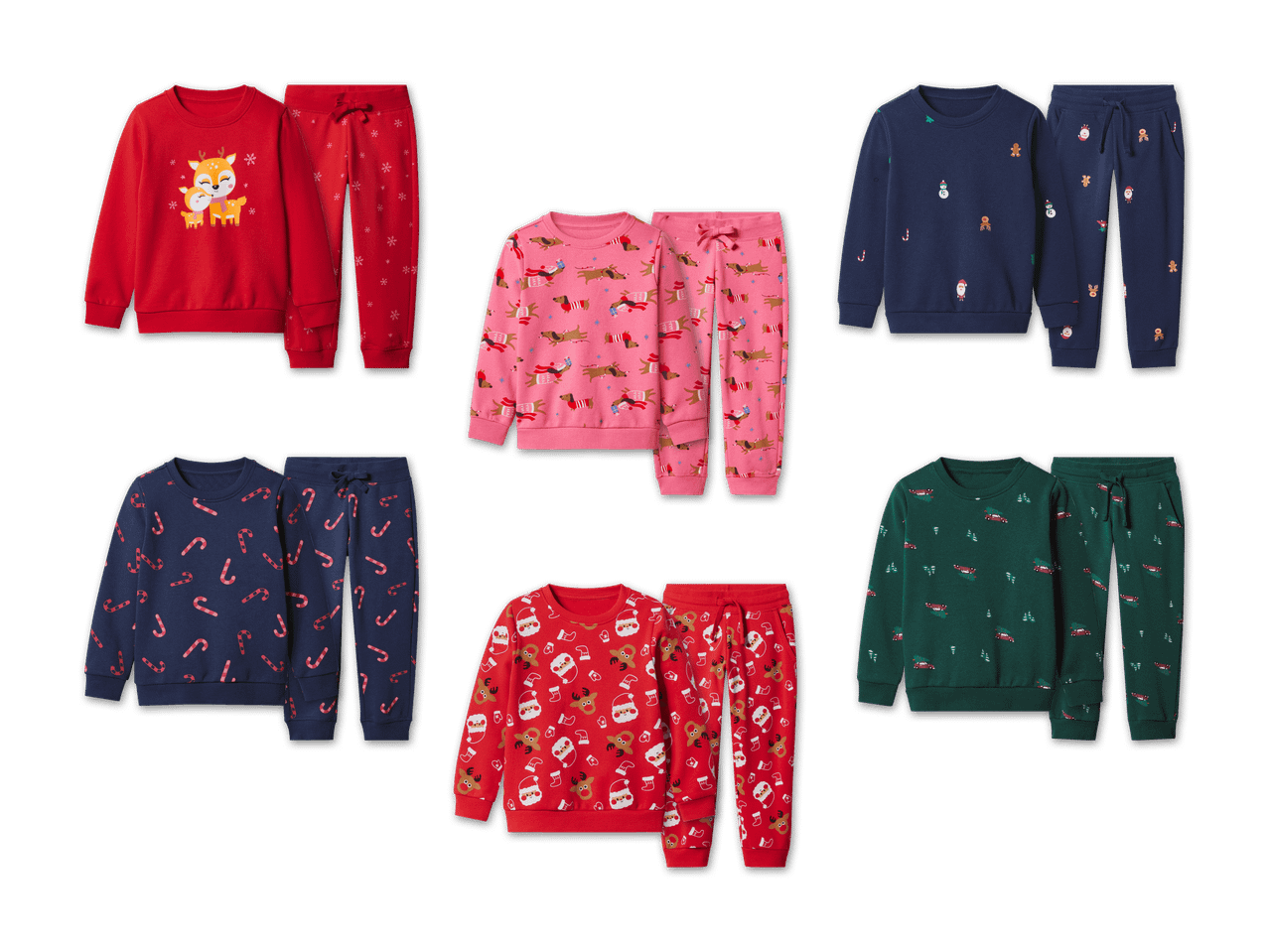 Sechs verschiedene Weihnachtspyjamas für Kinder, darunter Designs mit Rentieren, Dackeln, Weihnachtsmännern und Zuckerstangen.