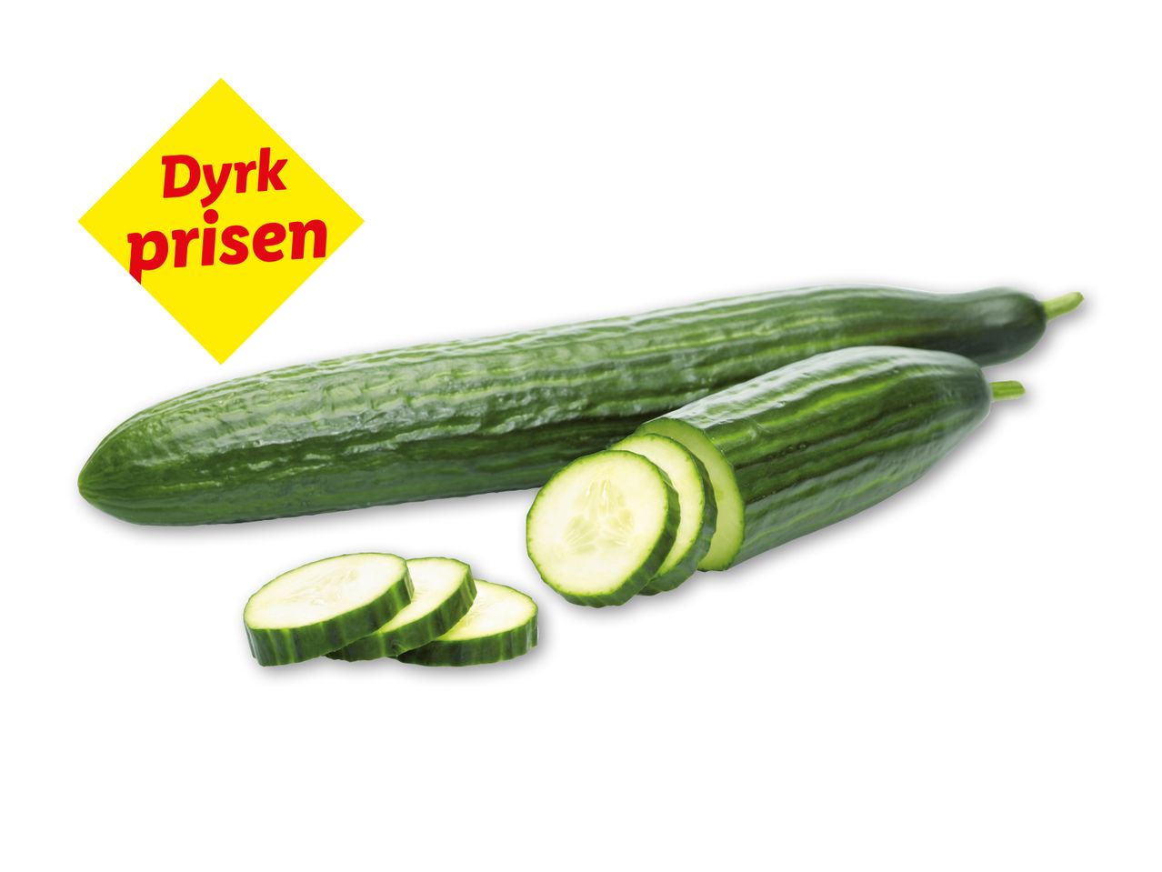 To agurker, hvoraf den ene er skåret i skiver, med et gult skilt, der siger 'Dyrk prisen'.