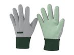 Pair of grey and green gardening gloves with dotted palms.