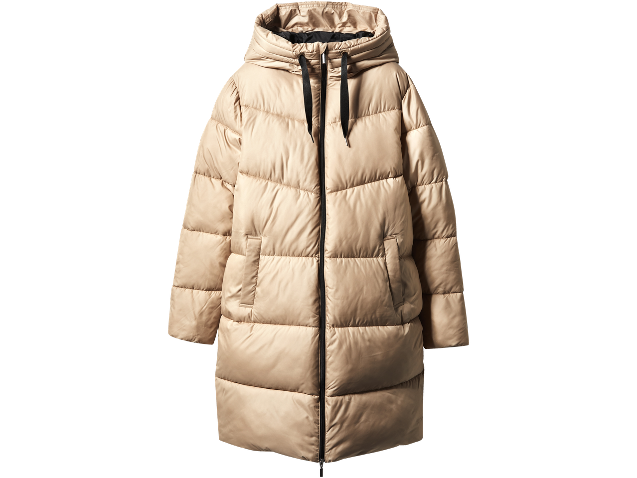 Ilga smėlio spalvos pūkinė striukė su gobtuvu ir užtrauktuku