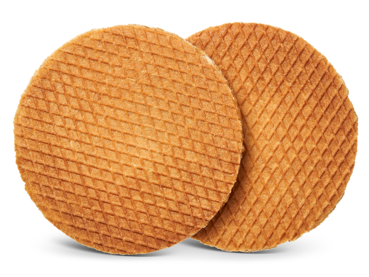 Twee ronde stroopwafels, een traditioneel Nederlands wafelkoekje, liggen elkaar overlappend.