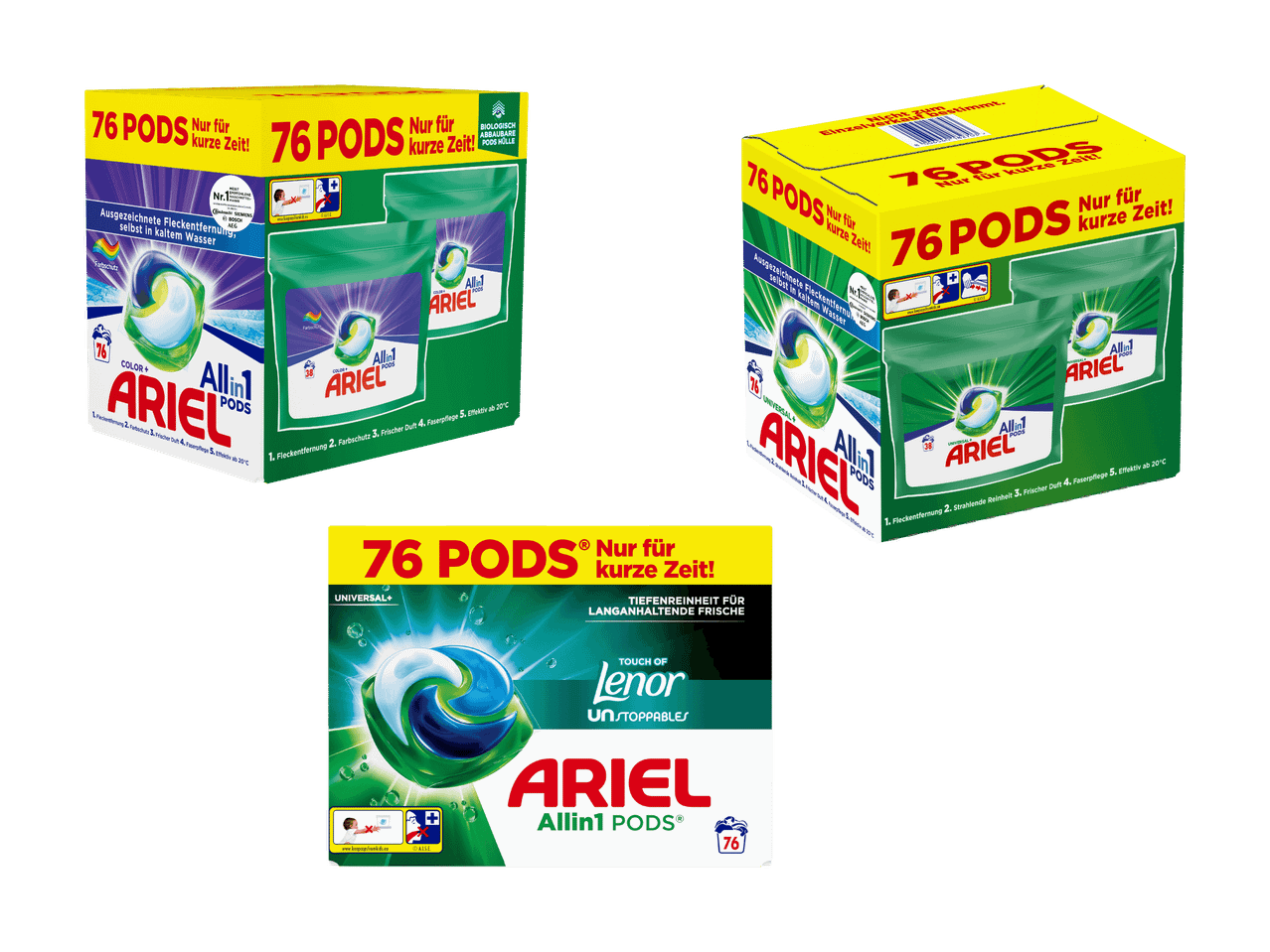 Packungen mit Ariel Allin1 PODS Waschmittel, einschließlich Color+ und Universal+ Varianten, mit 76 Kapseln.