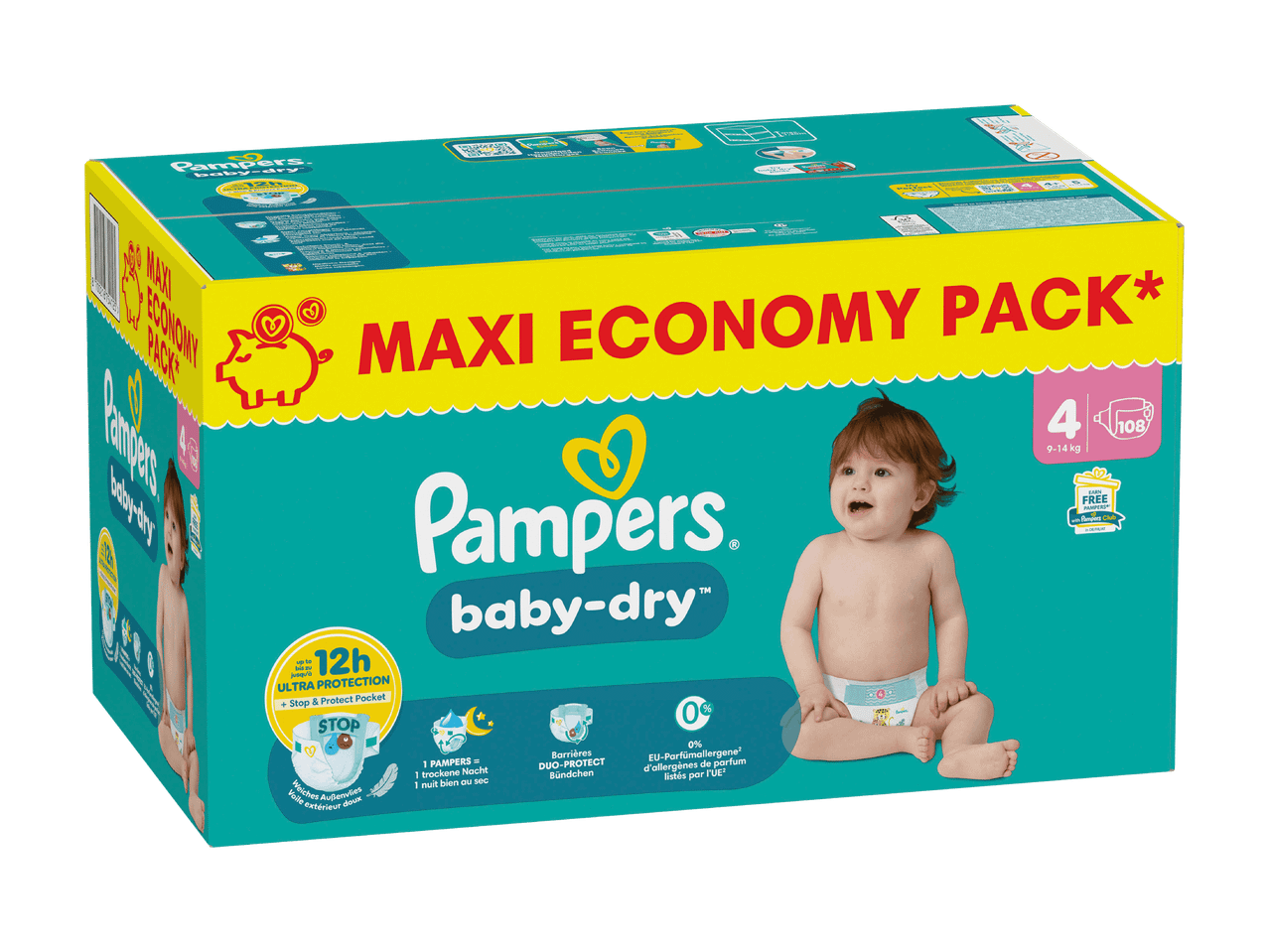 Maxi-Pack Pampers Baby-Dry Windeln mit bis zu 12 Stunden Schutz.