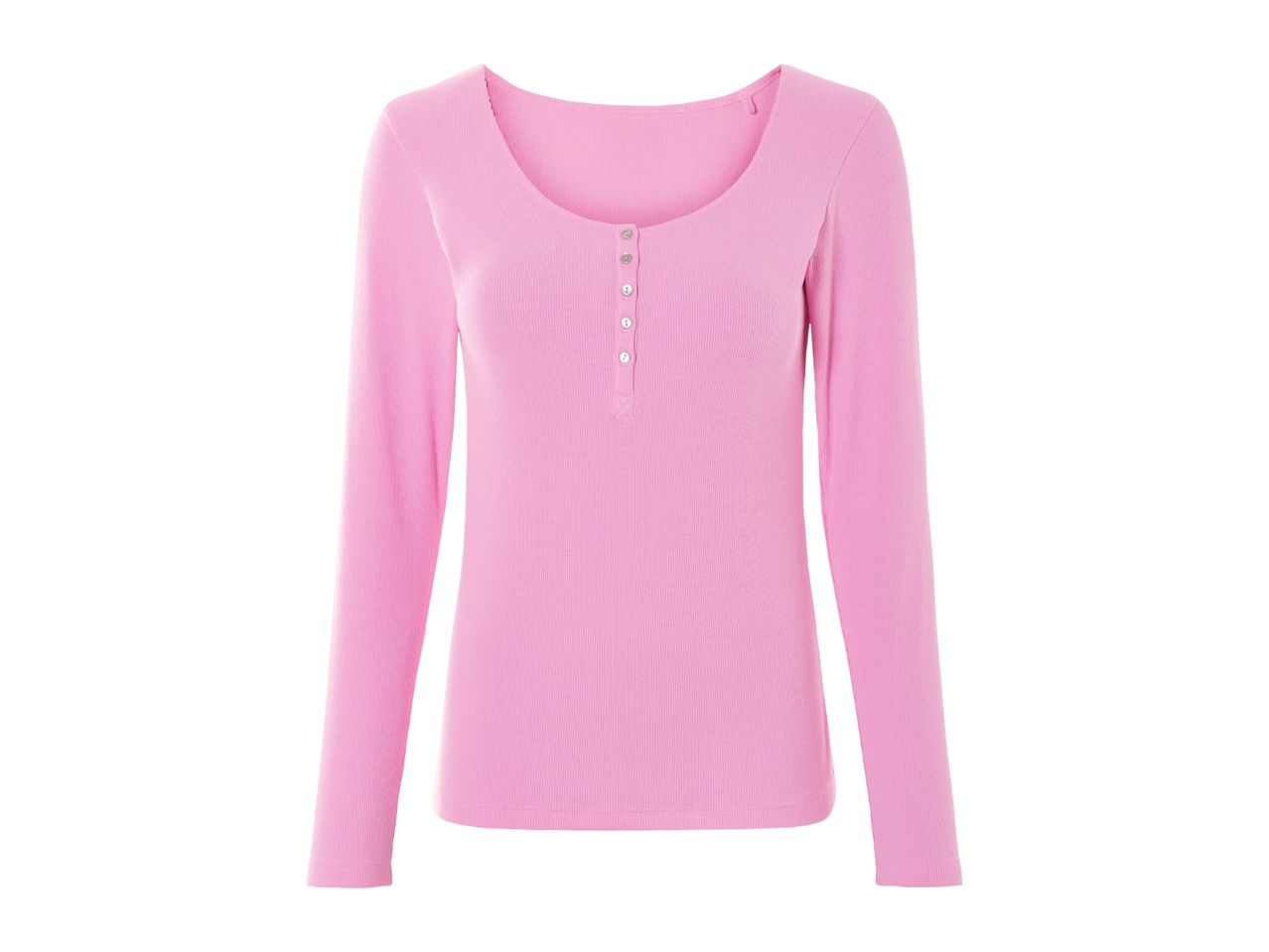 Pink long-sleeved ribbed top with a scoop neck and button placket.