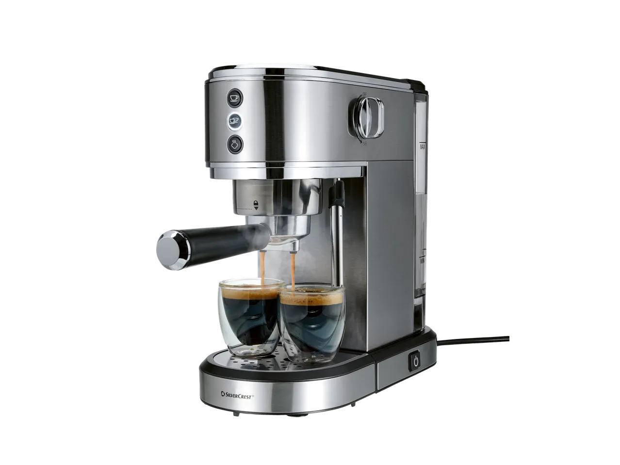 Srebrni aparat za espreso koji istovremeno pravi dve šoljice kafe.