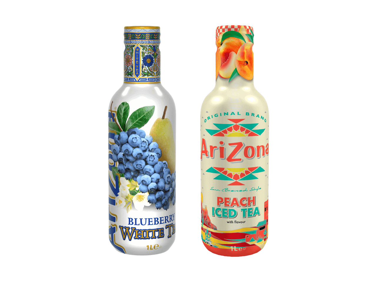 Zwei Arizona Eistee-Flaschen: Blaubeere und Pfirsich.