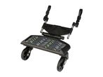 Black stroller board with two wheels and a patterned anti-slip surface.