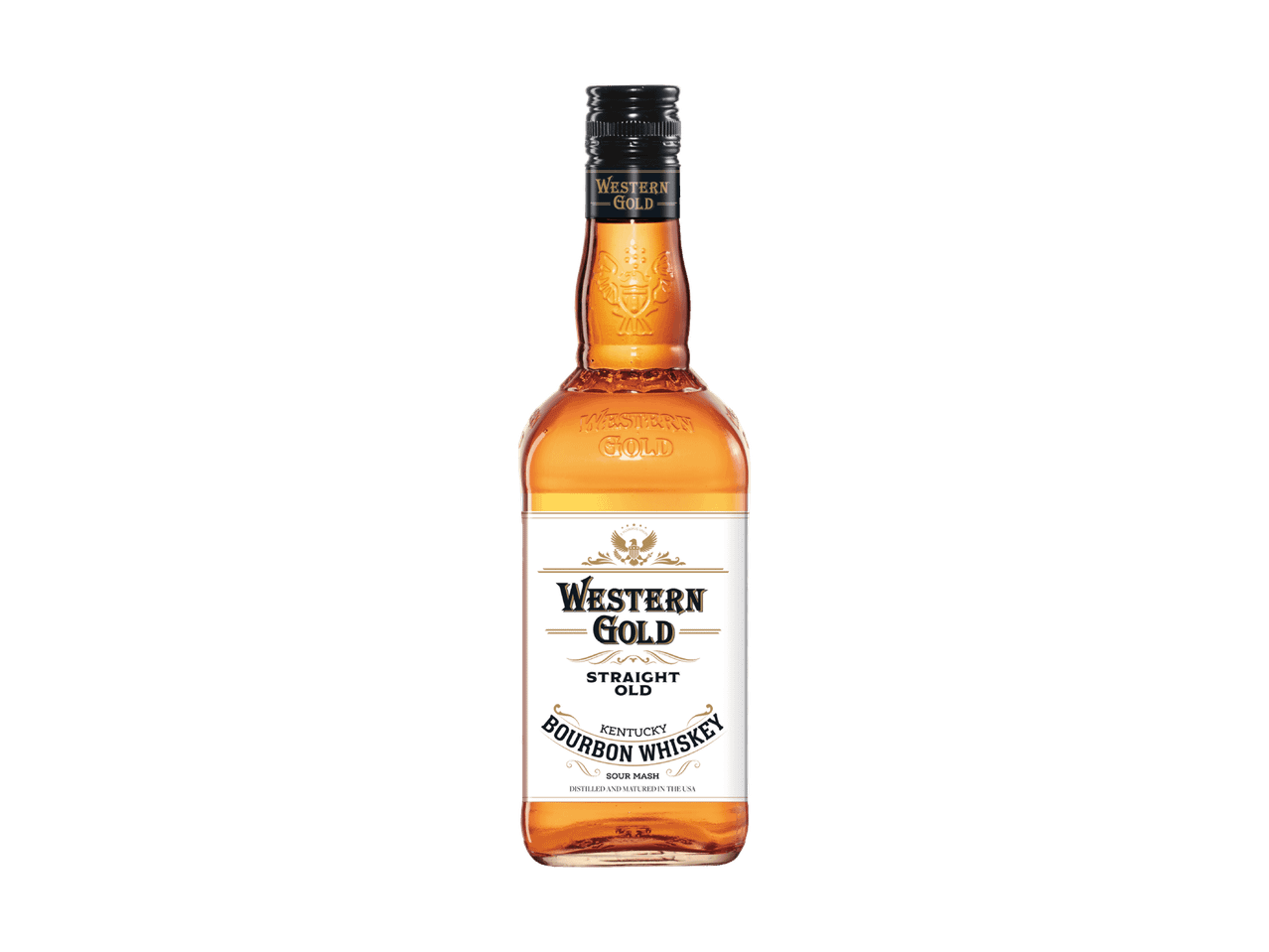 Flasche Western Gold Straight Old Kentucky Bourbon Whiskey mit weißem Etikett auf schwarzem Hintergrund.
