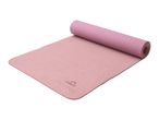 Pink yoga mat, partially rolled up, with a textured surface and a logo.