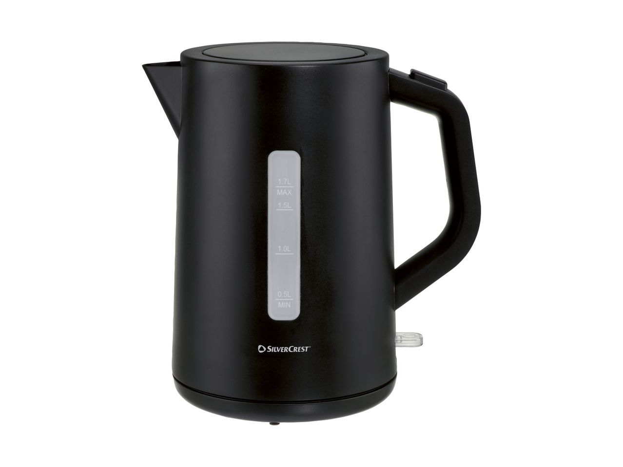 A black SilverCrest electric kettle with a water level indicator.