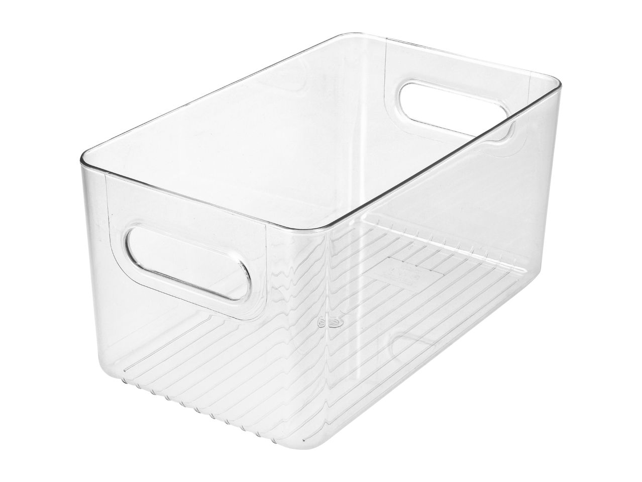Clear plastic storage bin with handles