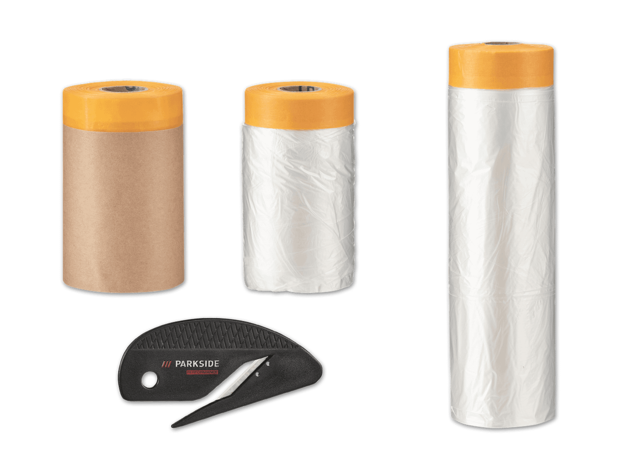 Abdeckmaterial-Set mit Klebeband, Folie und Cuttermesser.