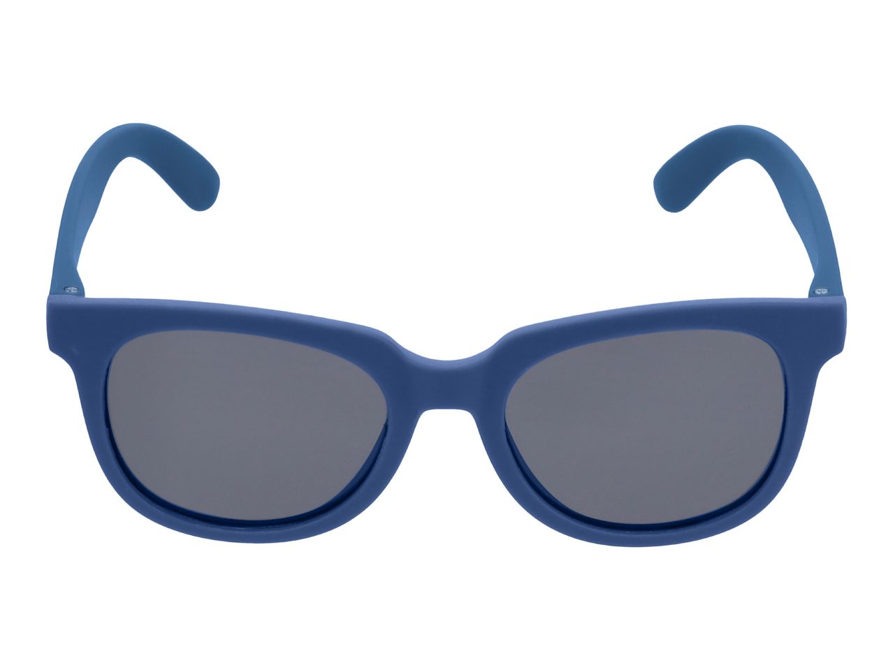 Blue children's sunglasses with dark lenses, isolated on a white background.