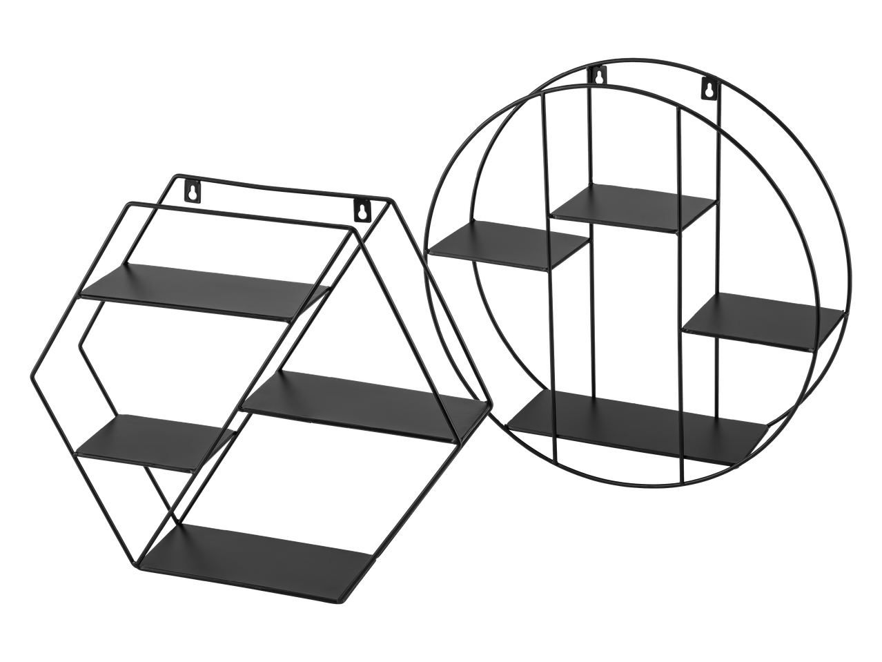 Set od dvije crne metalne zidne police, jedna okrugla i jedna šesterokutna.
