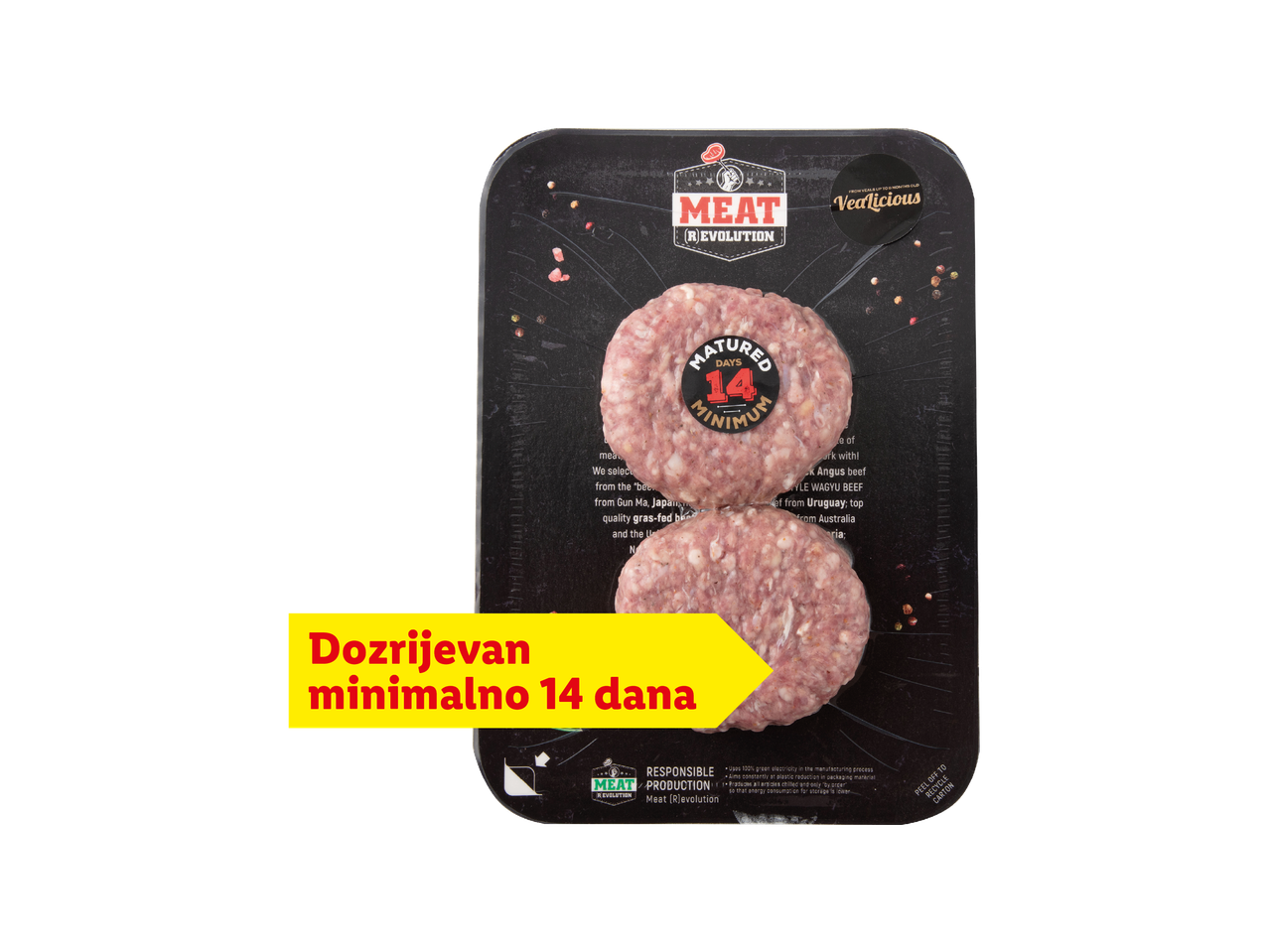 Pakiranje mljevenog mesa s oznakom da je dozrijevalo minimalno 14 dana.