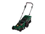 Green lawnmower with black wheels and red accents, seen from an elevated angle.