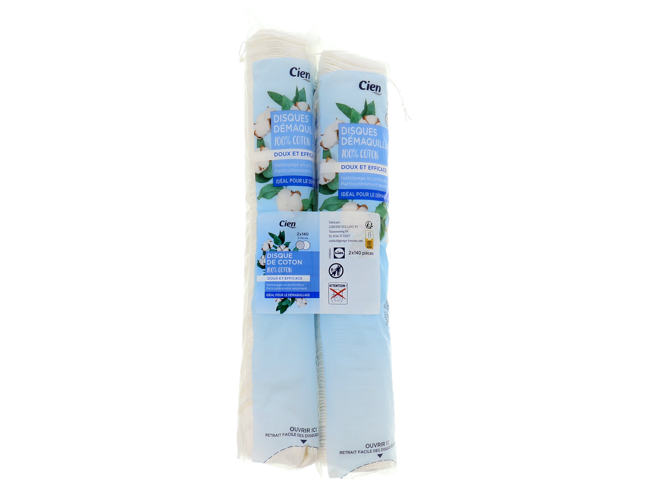 Deux paquets de disques démaquillants 100% coton, doux et efficaces, 2x140 pièces.