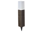 Solar-powered garden light with a brown rattan-style base and a white square top.