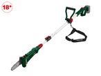 Cordless pole saw with a shoulder strap and an 18+ age restriction symbol.