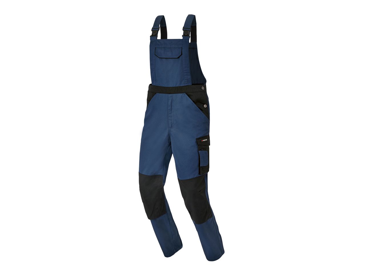 Salopette da lavoro blu scuro con rinforzi neri.