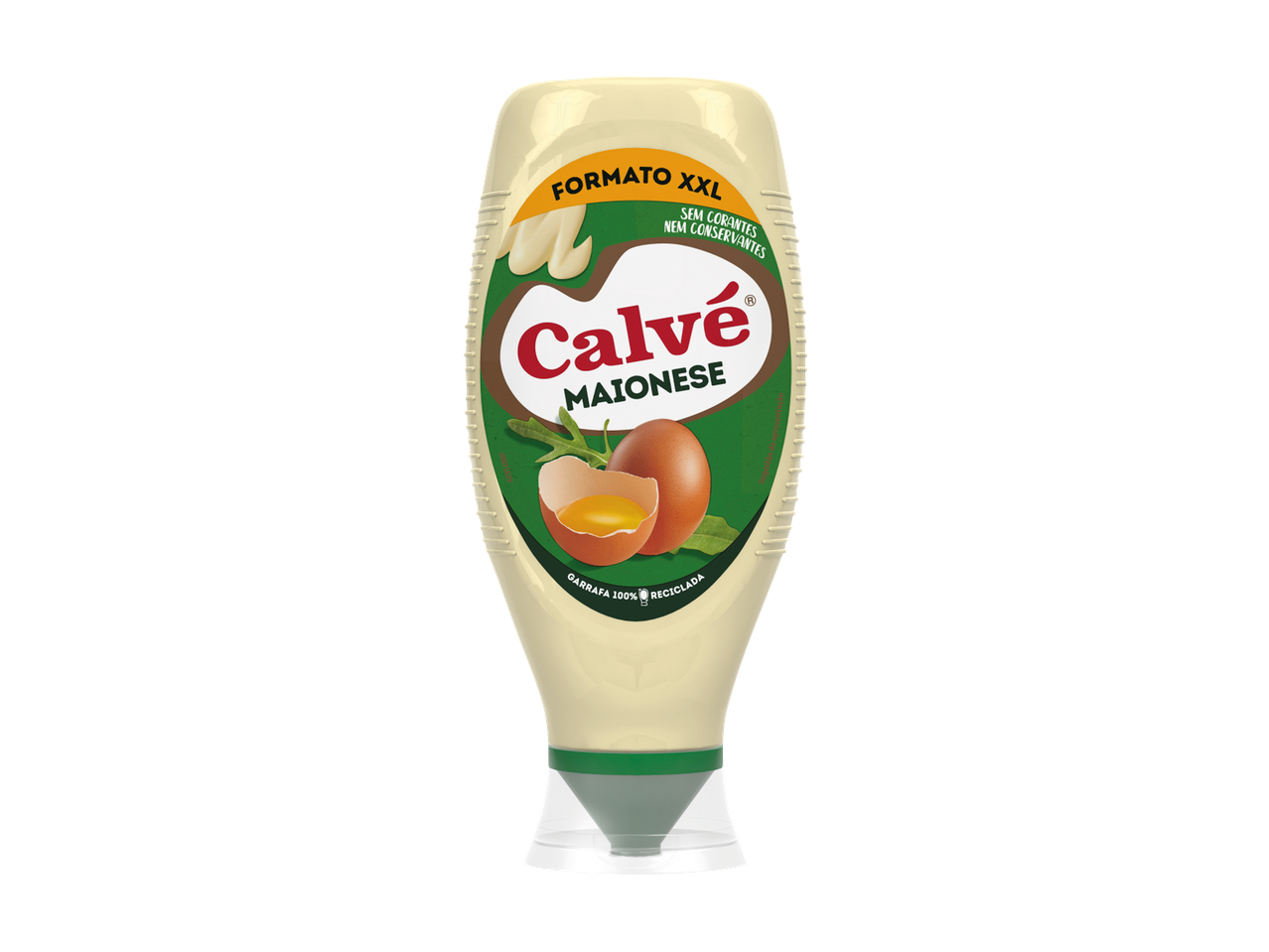 Maionese Calvé em garrafa XXL, com ovo partido e rúcula no rótulo.