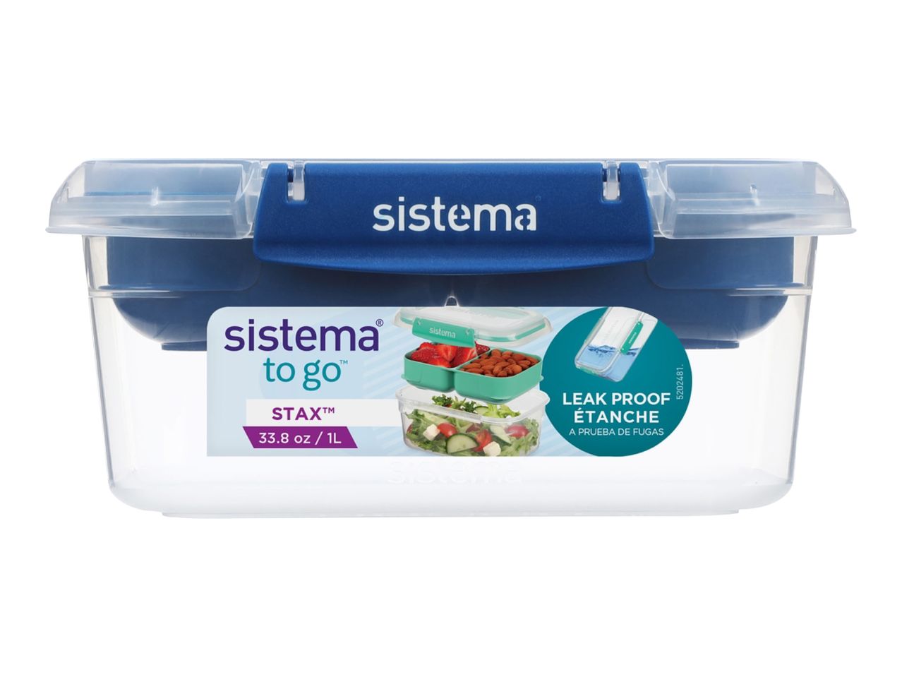 A clear plastic food storage container with a blue lid and a 1-liter capacity.