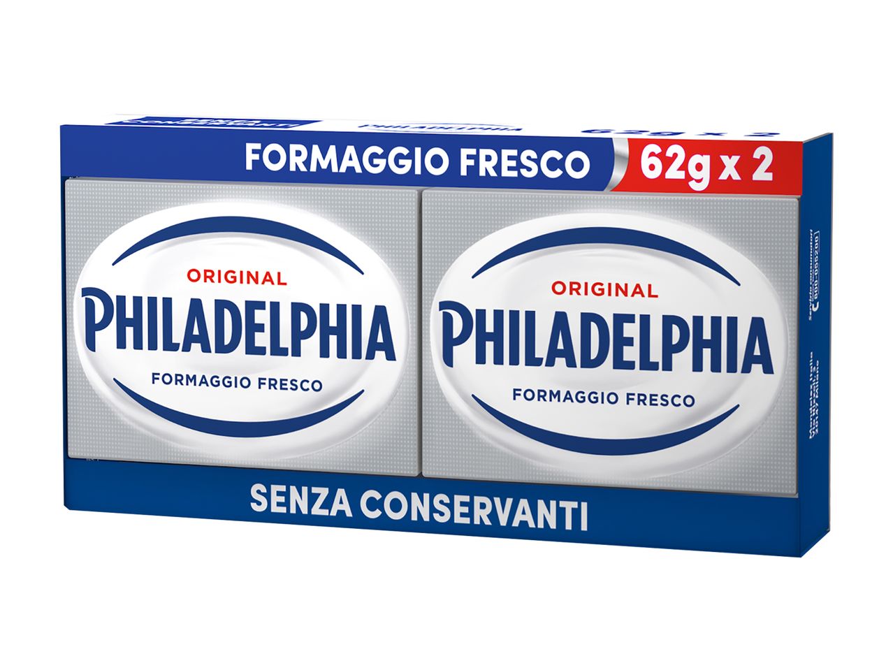 Confezione da due vasetti di formaggio fresco Philadelphia da 62g ciascuno, senza conservanti.