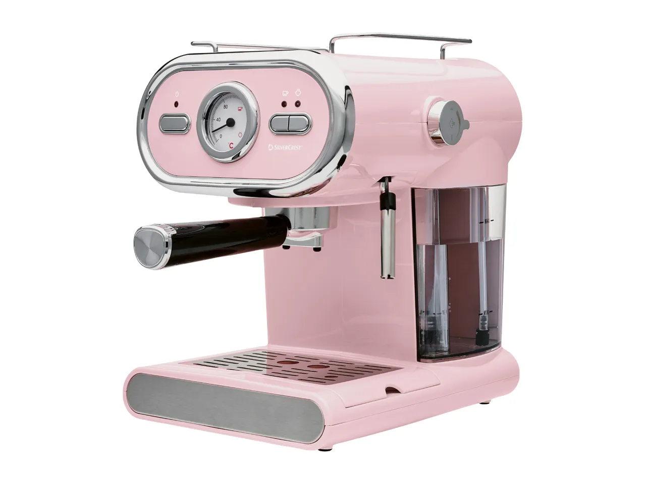 Pink retro-style espresso machine with a temperature gauge and steam wand.