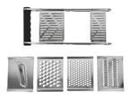 Stainless steel grater with interchangeable blades for different grating styles.