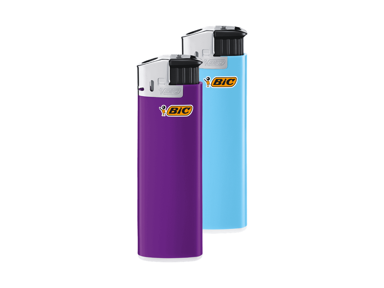 Deux briquets, un violet et un bleu clair, avec des logos de bonhomme allumette.