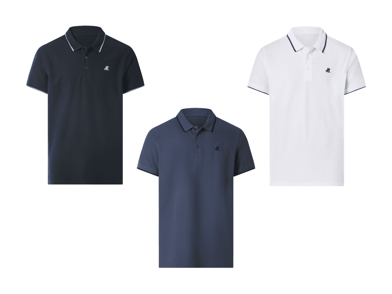 Trois polos pour hommes : un bleu marine, un bleu foncé et un blanc, tous avec un petit logo.