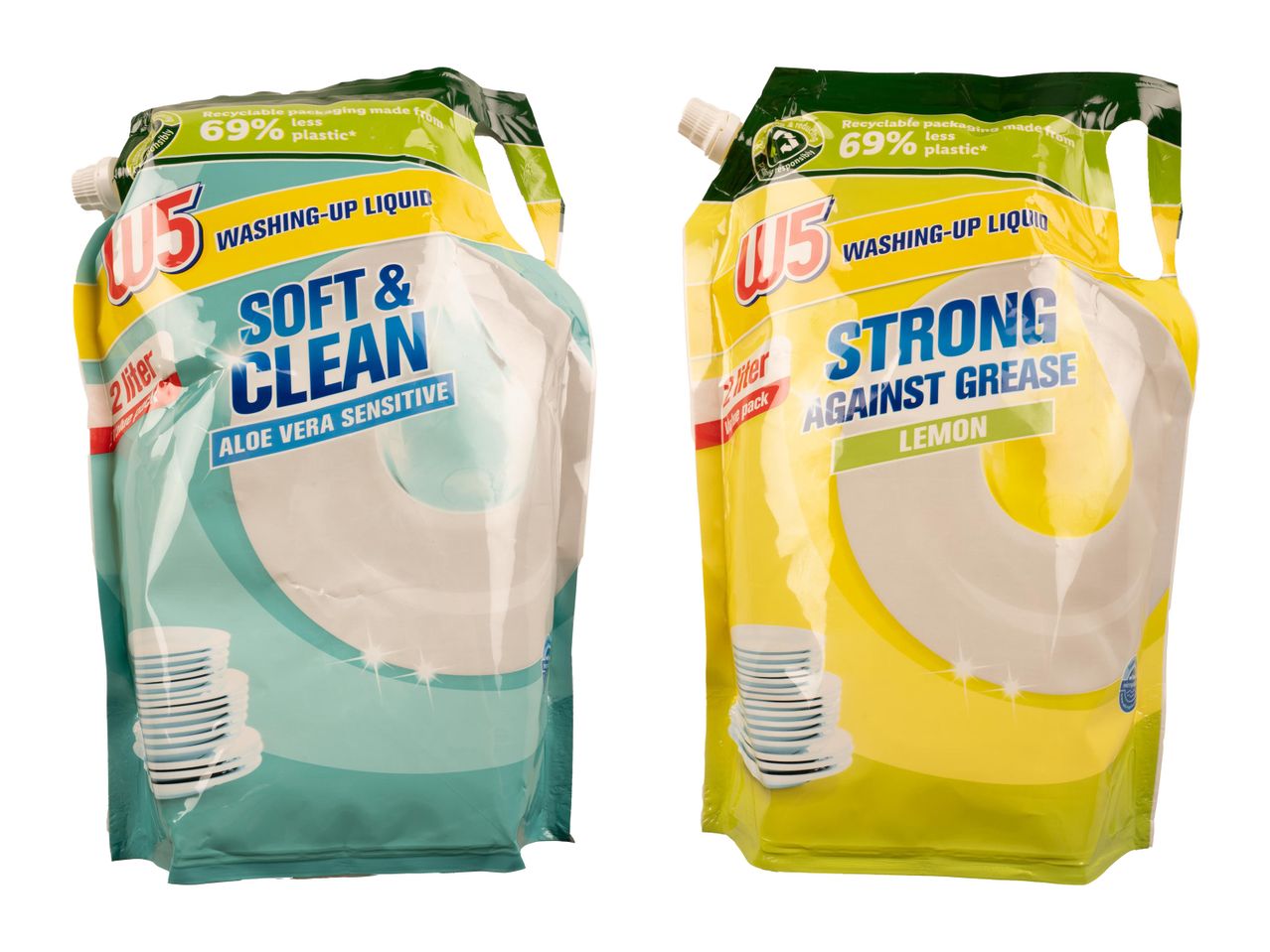 Două flacoane de 2 litri de detergent de vase W5: delicat și curat cu aloe vera și puternic împotriva grăsimii cu lămâie.