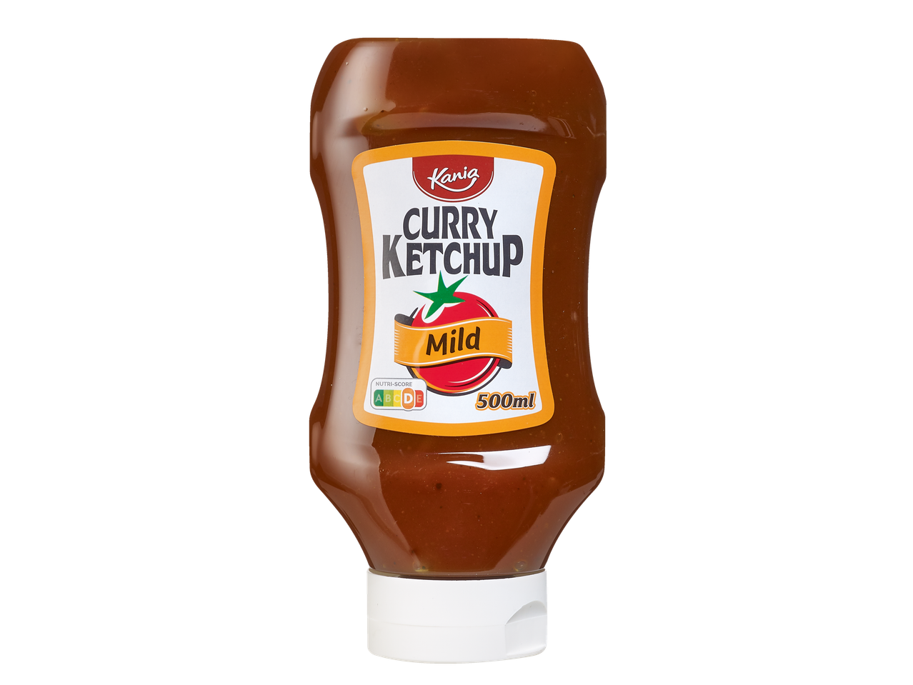 Kania Ketchup Curry Doux, bouteille de 500ml avec étiquette Nutri-Score.